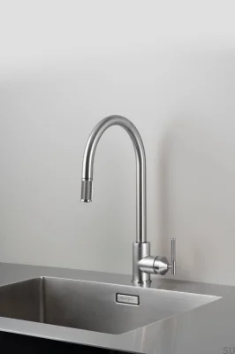 Linear Brass Silver Pull-Out Kitchen Tap with European Connector