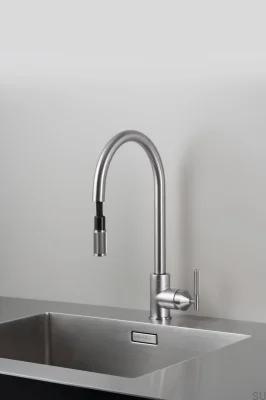 Linear Brass Silver Pull-Out Kitchen Tap with European Connector