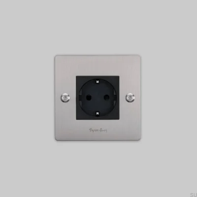 Single socket with logo Type F Linear 1G Steel Silver European Standard