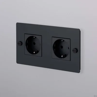 Double socket Type F Cross 2G Steel Black European Standard