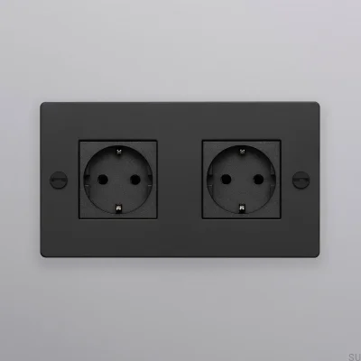 Double socket Type F Cross 2G Steel Black European Standard