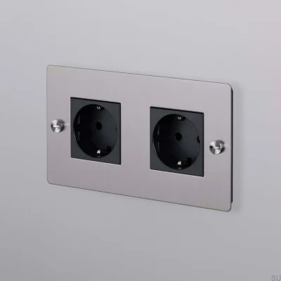 Double socket Type F Cross 2G Steel Silver European Standard