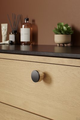 Melura 30 Furniture Knob, Oak Wood with Matte Black Steel