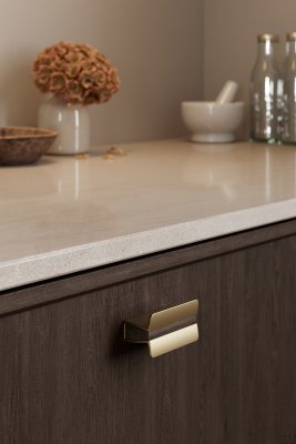 Papillon 32 elongated furniture handle, matt gold aluminum with oak wood