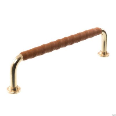 Oblong furniture handle LL 1353 96 Polished brass with brown leather