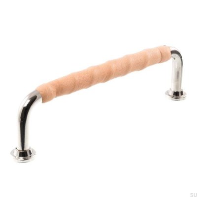 Oblong furniture handle LL 1353 96 Polished nickel with natural leather