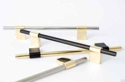 Line Mix 128 oblong furniture handle Brushed Brass with Polished Steel