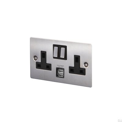 Dual USB Type G UK 2G Steel Silver British Standard Socket