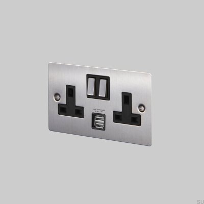 Dual USB Type G UK 2G Steel Silver British Standard Socket