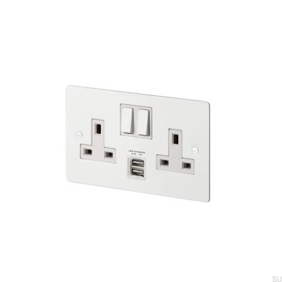 Double Socket with USB Type G UK 2G Steel White British Standard