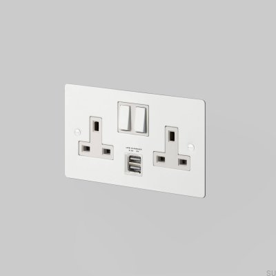 Double Socket with USB Type G UK 2G Steel White British Standard