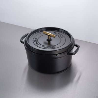 Staub Cocotte Pot 6.7 L Black Steel with Knurled Brass Handle
