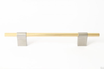Line Mix 128 oblong furniture handle. Brass, brushed unpainted, with brushed steel