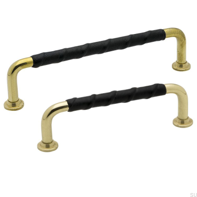 Elongated furniture handle 1353 128 Gold Brass Polished Black natural leather