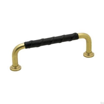 Elongated furniture handle 1353 96 Gold Brass Unpainted Black natural leather
