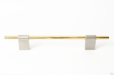 Line Mix 128 oblong furniture handle. Polished brass, unpainted, with brushed steel