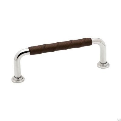 Elongated furniture handle 1353 96 Silver Nickel Polished Brown natural leather