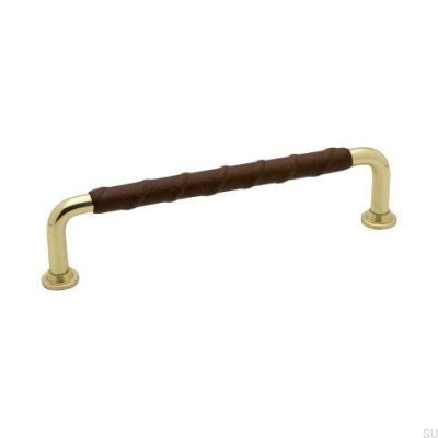 Elongated furniture handle 1353 128 Gold Brass Polished Brown natural leather