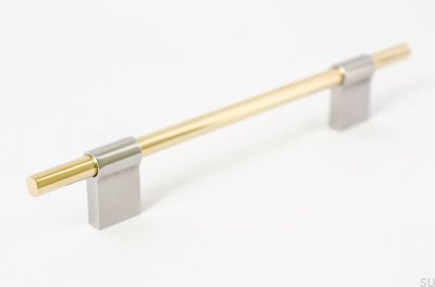 Line Mix 128 oblong furniture handle. Polished brass, unvarnished, with polished steel