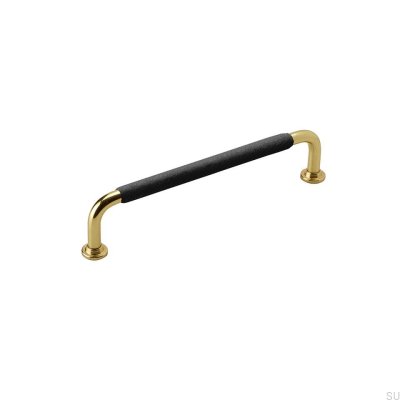 Elongated furniture handle 1353 128 Brass Black Leather