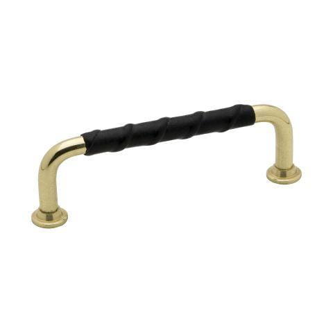 Uchwyt meblowy podłużny 1353 mosiężny ze skórzaną wstawką od Beslag Design