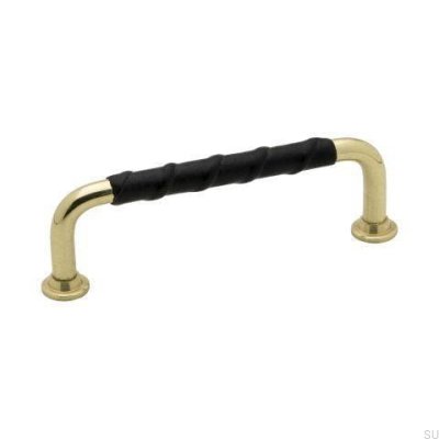 Elongated furniture handle 1353 96 Gold Brass Polished Black natural leather