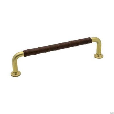 Elongated furniture handle 1353 128 Gold Brass Unpainted Natural brown leather